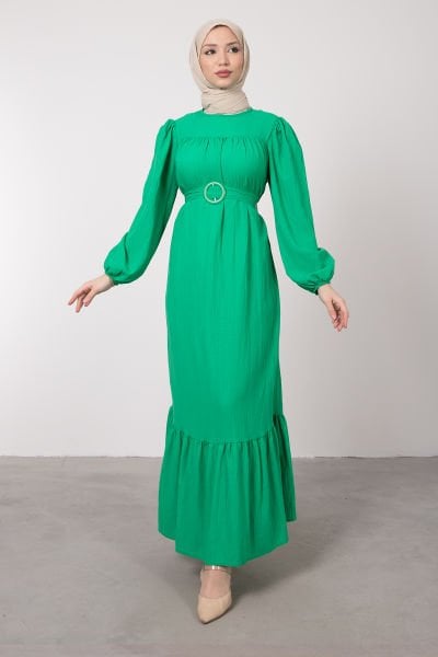 Mini Elips Kemerli Dikiş Detaylı Tesettür Elbise Çim Yeşili