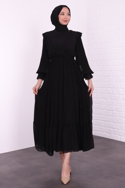 Pilise Detaylı Omzu Fırfırlı Elbise Siyah
