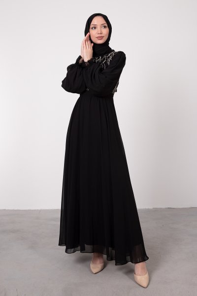 Karışık İp Dikişli Şifon Tesettür Elbise Siyah