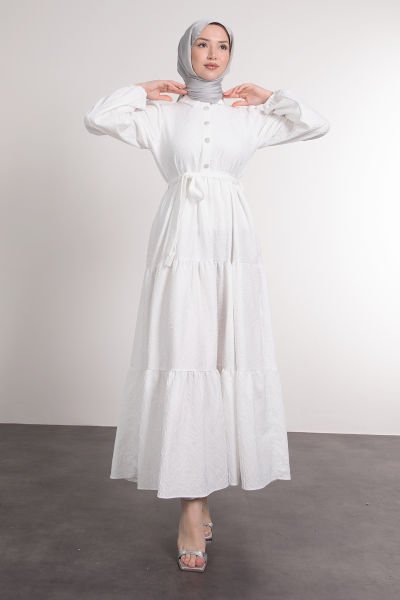 Dallı Dokulu Taşlı Düğmeli Tesettür Elbise Beyaz