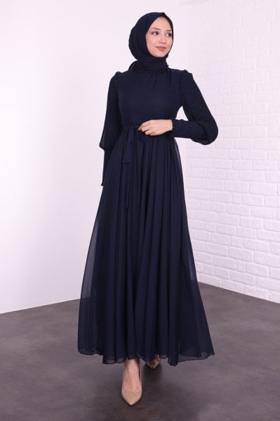 İncecik Piliseli Manşet Detaylı Elbise Lacivert