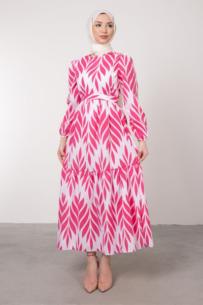 Geniş Palmiye Desenli Uzun Poplin Tesettür Elbise Pembe