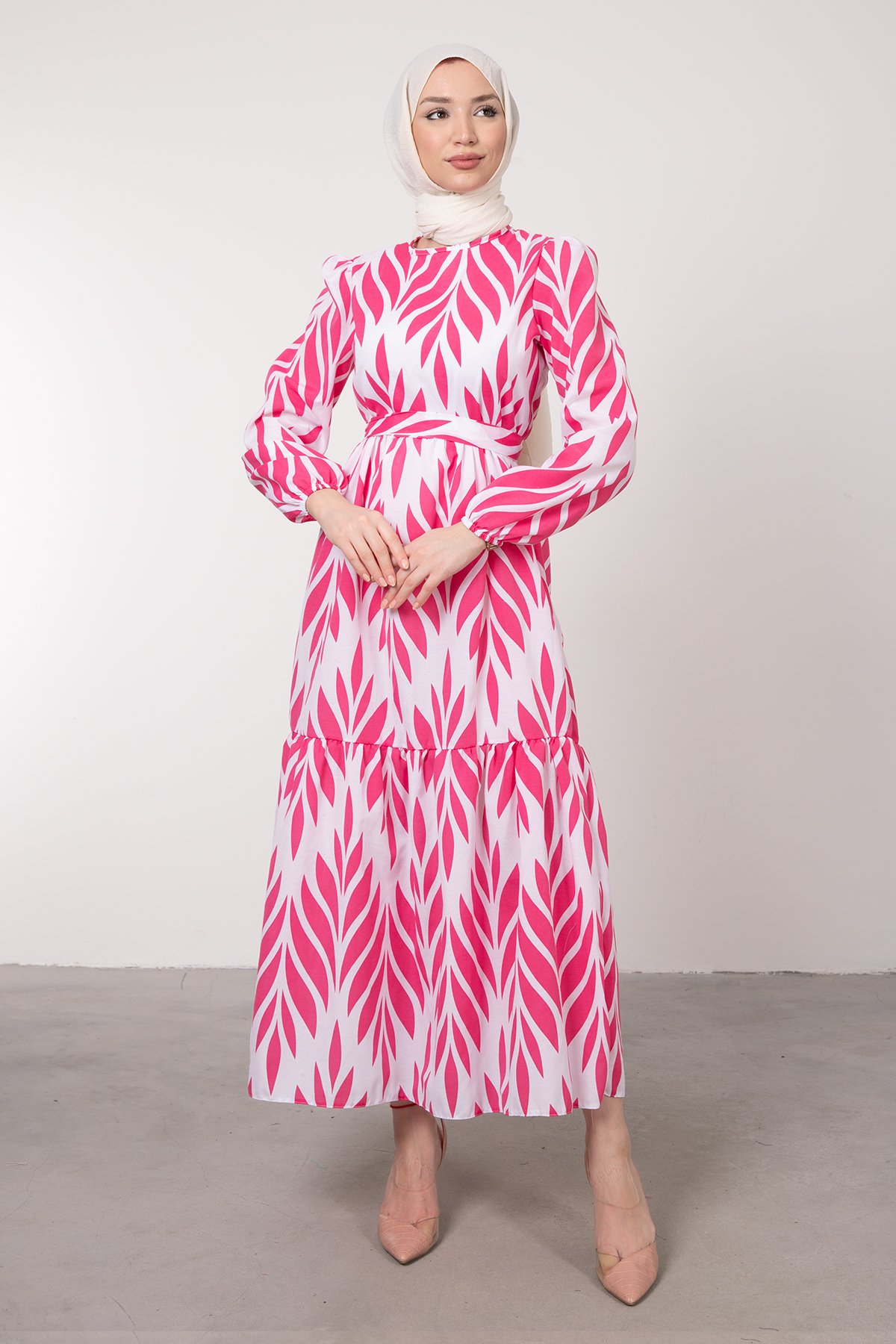 Geniş Palmiye Desenli Uzun Poplin Tesettür Elbise Pembe