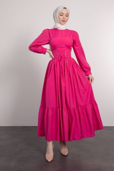 Beli Çapraz Bağcıklı Vintage Tesettür Elbise Neon Pembe