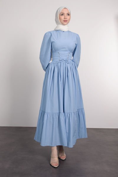 Beli Çapraz Bağcıklı Vintage Tesettür Elbise Bebe Mavi