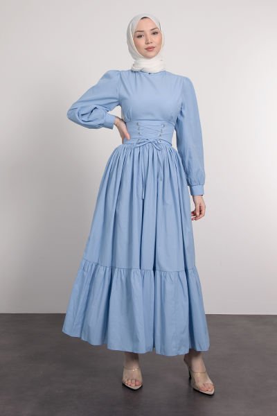 Beli Çapraz Bağcıklı Vintage Tesettür Elbise Bebe Mavi