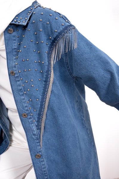Metal Boncuk İşlemeli Jean Ceket