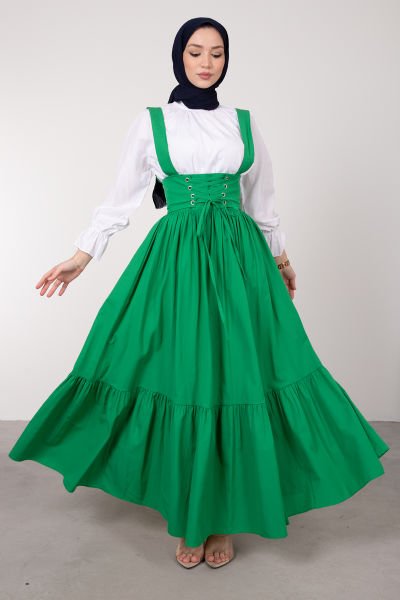 Beli Çapraz Bağcıklı Tesettür Salopet Elbise Çim Yeşili
