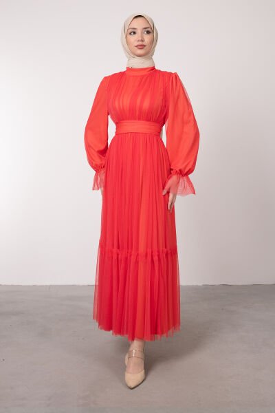 Boydan Tül Kat Fırfırlı Tesettür Elbise Neon Turuncu