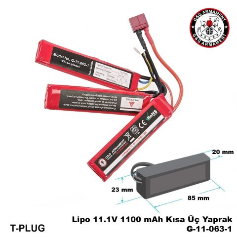 Lipo Pil G&G 11.1V 1100 mAh Kısa Üç Yaprak T-Plug G-11-063-1