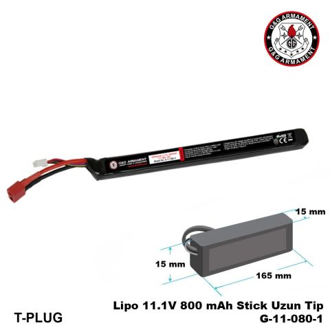 Lipo Pil G&G 11.1V 800 mAh Stick Uzun Tip T-Plug G-11-080-1