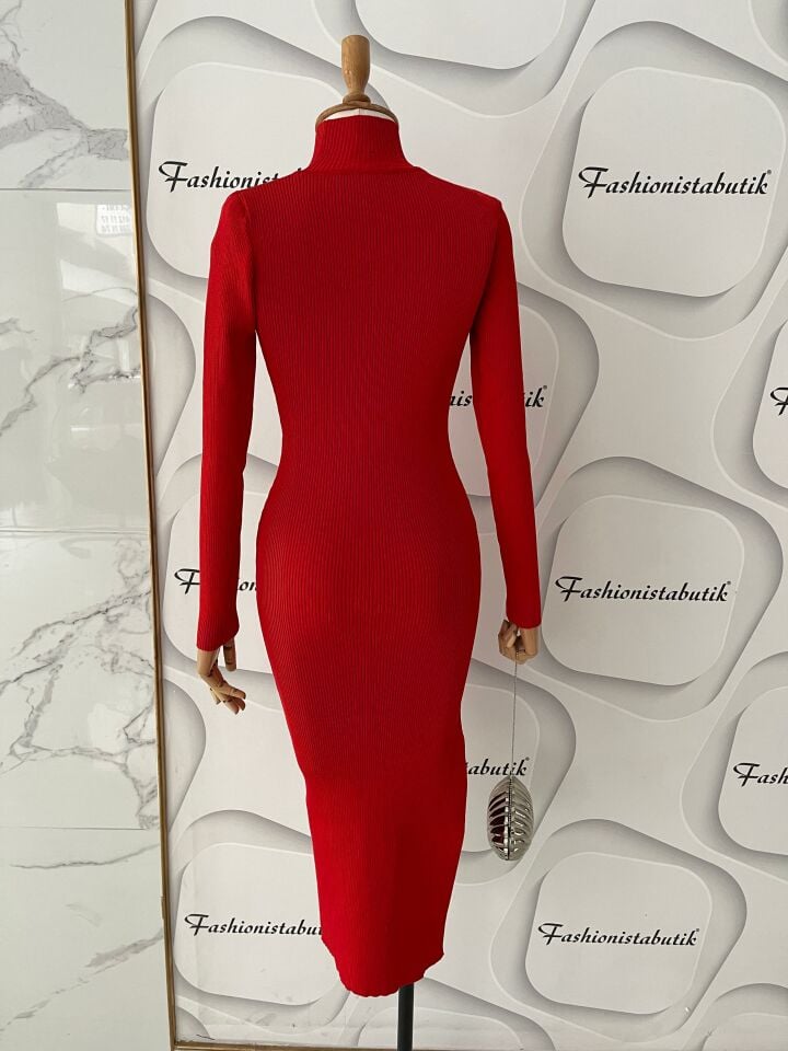 Taş detaylı triko elbise-Kırmızı