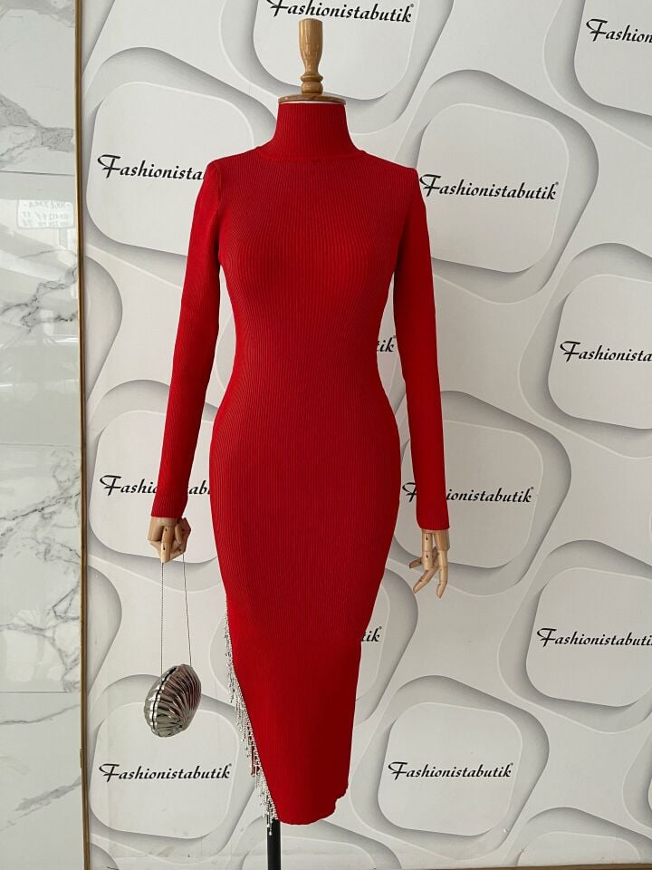 Taş detaylı triko elbise-Kırmızı