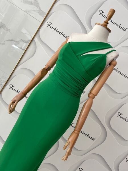 Omuz & yırtmaç detay elbise - Yeşil