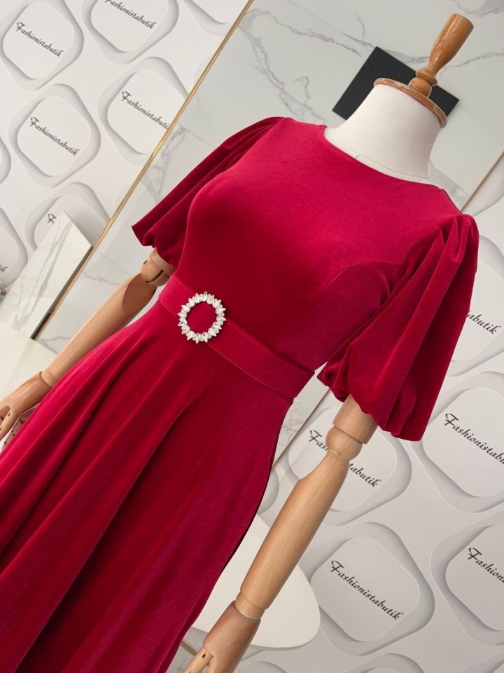 Midi kloş kadife elbise - Kırmızı