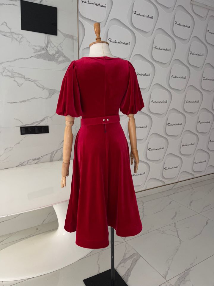 Midi kloş kadife elbise - Kırmızı