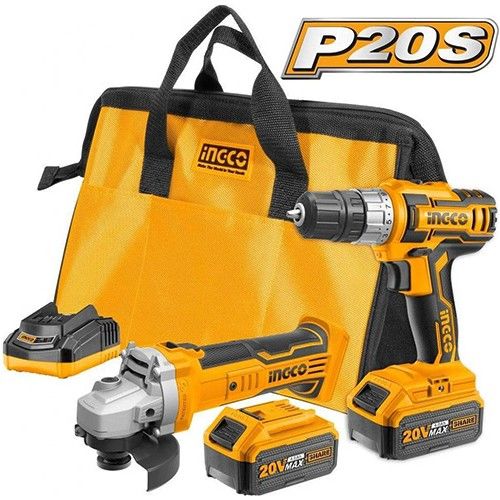 Ingco CKLI2009 20V Lithium-Ion 2 Li Set Şarjlı Matkap + 115MM Taşlama Kömürsüz Motor 2 Bataryalı