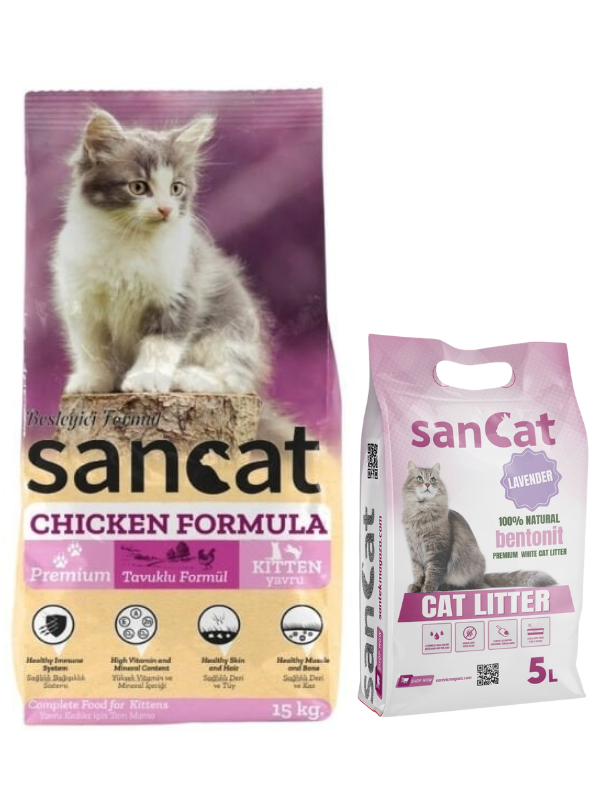Sancat Premium Tavuklu Yavru Kedi Maması 15 Kg, Lavanta Kokulu Kedi Kumu 5 Lt.