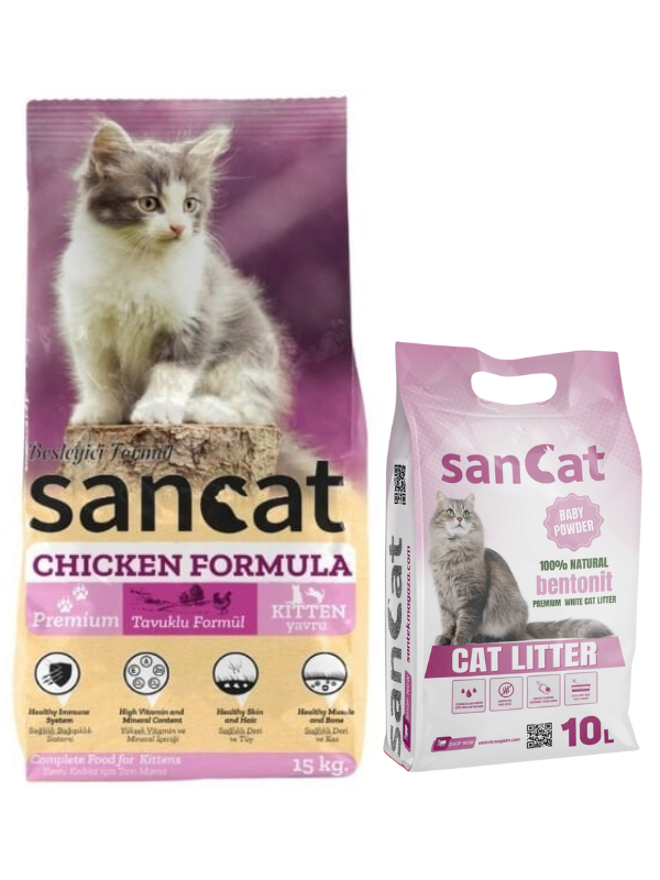 Sancat Premium Tavuklu Yavru Kedi Maması 15 Kg, Bebek Pudrası Kokulu Kedi Kumu 10 Lt.