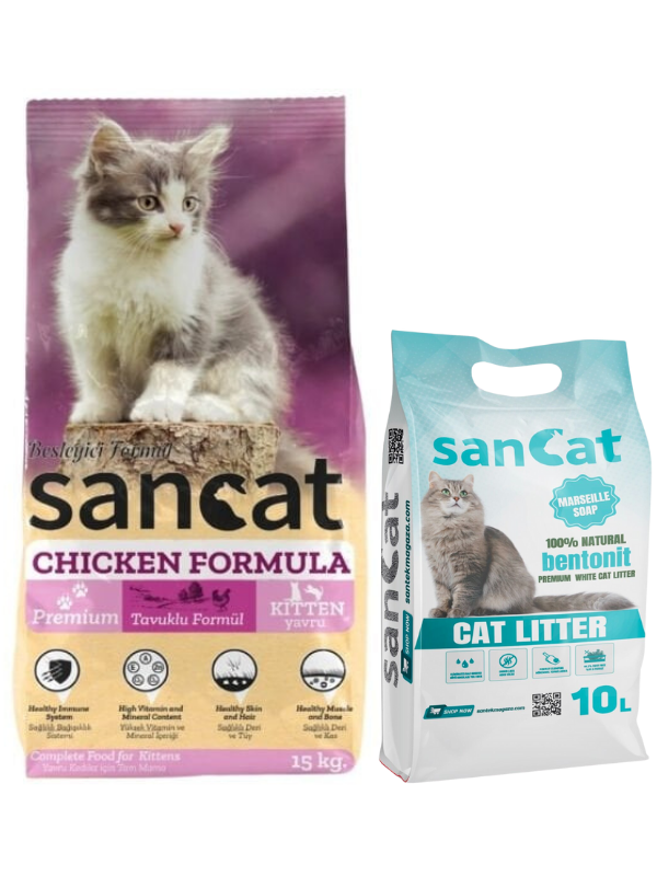 Sancat Premium Tavuklu Yavru Kedi Maması 15 Kg, Marsilya Sabunu Kokulu Kedi Kumu 10 Lt.