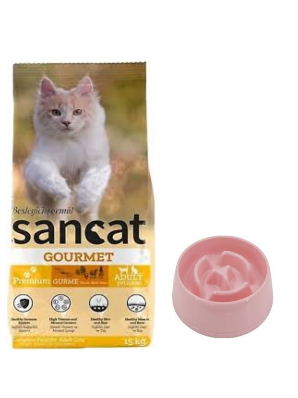 Sancat Premium Gurme Yetişkin Kedi Maması 15 Kg,Yavaş Yeme Mama Kabı 175 Ml.
