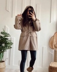 Beli Tünelli Kapşonlu Trenchcoat Vizon 0017