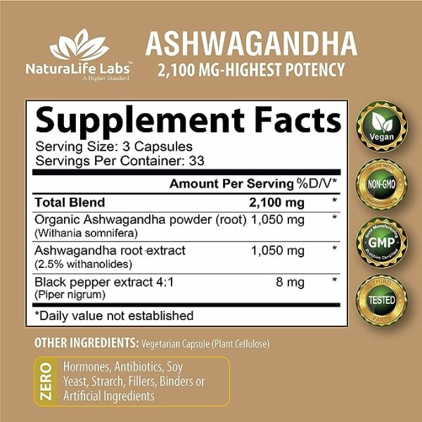 NaturaLife Labs Organic Ashwagandha 2,100 mg-100 Vegan Capsules