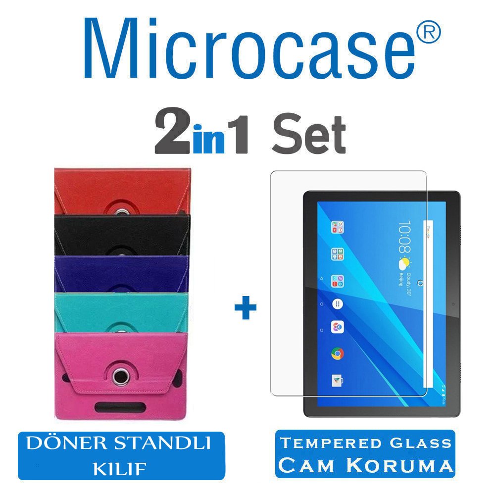 Microcase Lenovo TAB M10 X505F 4G LTE ZA490043TR 10.1 inch Universal Döner Standlı Tablet Kılıfı + Tempered Glass Cam Koruma