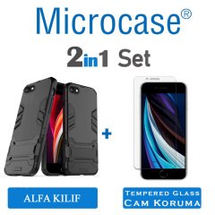 Microcase iPhone SE 2020 Alfa Serisi Armor Standlı Perfect Koruma Kılıf + Tempered Glass Cam Koruma