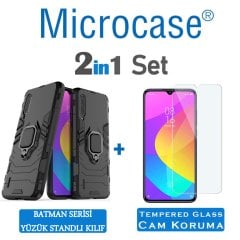 Microcase Xiaomi Mi CC9e - Mi A3 Batman Serisi Yüzük Standlı Armor Kılıf + Tempered Glass Cam Koruma (SEÇENEKLİ)