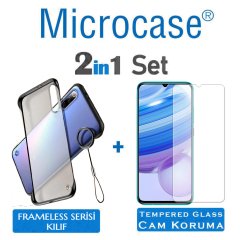 Microcase Xiaomi Redmi 9 A Frameless Serisi Sert Rubber Kılıf - Siyah + Tempered Glass Cam Koruma