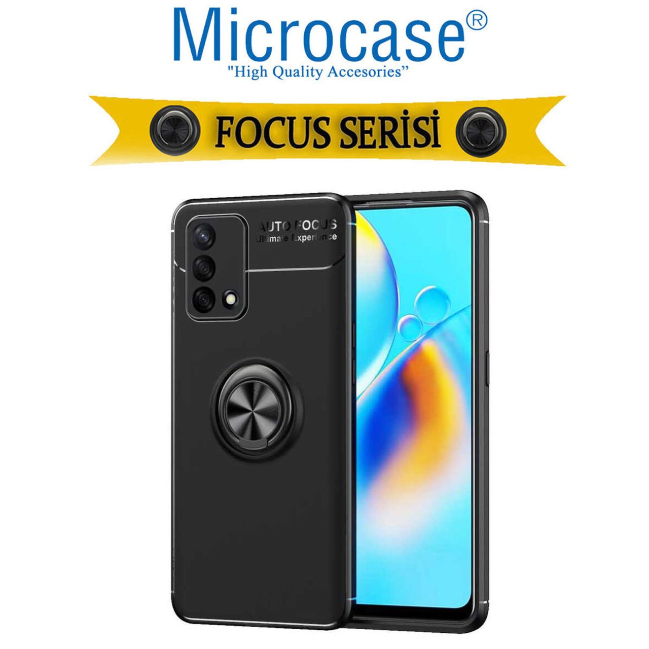 Microcase Oppo A74 Focus Serisi Yüzük Standlı Silikon Kılıf - Siyah