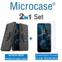 Microcase Huawei Honor 20 - Nova 5T Batman Serisi Yüzük Standlı Armor Kılıf - Siyah + Tempered Glass Cam Koruma