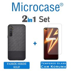 Microcase Realme 6 Pro Fabrik Serisi Kumaş ve Deri Desen Kılıf - Siyah + Tempered Glass Cam Koruma