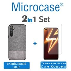 Microcase Realme 6 Pro Fabrik Serisi Kumaş ve Deri Desen Kılıf - Gri + Tempered Glass Cam Koruma
