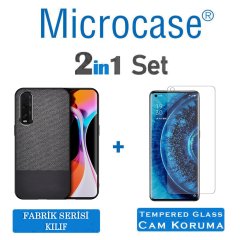 Microcase Oppo Find X2 Fabrik Serisi Kumaş ve Deri Desen Kılıf - Siyah + Tempered Glass Cam Koruma