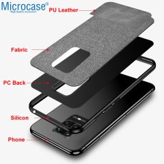 Microcase Xiaomi Redmi Note 9S - Redmi Note 9 Pro - Redmi Note 9 Pro Max Fabrik Serisi Kumaş ve Deri Desen Kılıf - Gri + Tempered Glass Cam Koruma