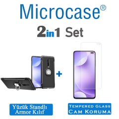 Microcase Xiaomi Redmi K30 Yüzük Standlı Armor Silikon Kılıf - Siyah + Tempered Glass Cam Koruma