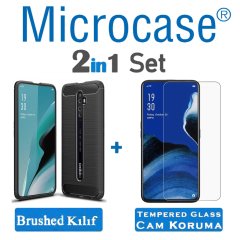 Microcase Oppo Reno 2Z Brushed Carbon Fiber Silikon Kılıf - Siyah + Tempered Glass Cam Koruma