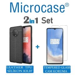 Microcase OnePlus 7T Leather Tpu Silikon Kılıf - Siyah + Tempered Glass Cam Koruma