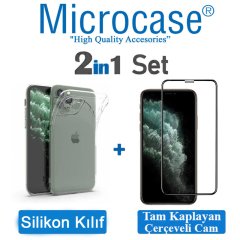 Microcase iPhone 11 Kamera Lens Korumalı Şeffaf TPU Kılıf - Siyah + Tam Kaplayan Çerçeveli Cam