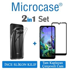 Microcase LG Q60 - LG K50 Ultra İnce 0.2 mm Soft Silikon Kılıf + Tam Kaplayan Çerçeveli Cam