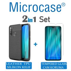Microcase Xiaomi Redmi Note 8 Leather Tpu Silikon Kılıf - Siyah + Tempered Glass Cam Koruma