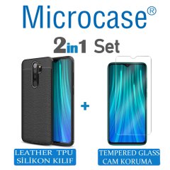 Microcase Xiaomi Redmi Note 8 Pro Leather Tpu Silikon Kılıf - Siyah + Tempered Glass Cam Koruma