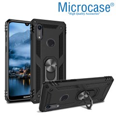 Microcase Huawei Y6 2019 - Honor 8A Anka Serisi Yüzük Standlı Armor Kılıf Siyah + Tempered Glass Cam Koruma (SEÇENEKLİ)