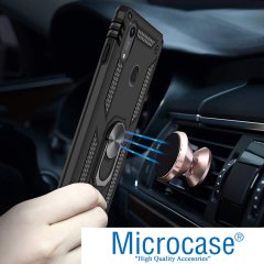 Microcase Huawei Y6 2019 - Honor 8A Anka Serisi Yüzük Standlı Armor Kılıf Siyah + Tempered Glass Cam Koruma (SEÇENEKLİ)