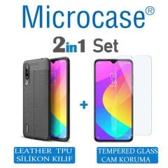 Microcase Xiaomi Mi 9 Lite Leather Tpu Silikon Kılıf - Siyah + Tempered Glass Cam Koruma