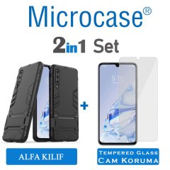 Microcase Xiaomi Mi 9 Pro Alfa Serisi Armor Standlı Perfect Koruma Kılıf - Siyah + Tempered Glass Cam Koruma