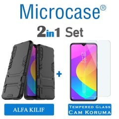 Microcase Xiaomi Mi 9 Lite Alfa Serisi Armor Standlı Perfect Koruma Kılıf - Siyah + Tempered Glass Cam Koruma