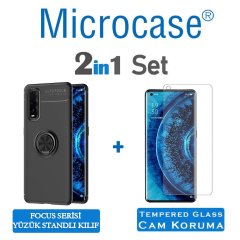 Microcase Oppo Find X2 Focus Serisi Yüzük Standlı Silikon Kılıf - Siyah + Tempered Glass Cam Koruma